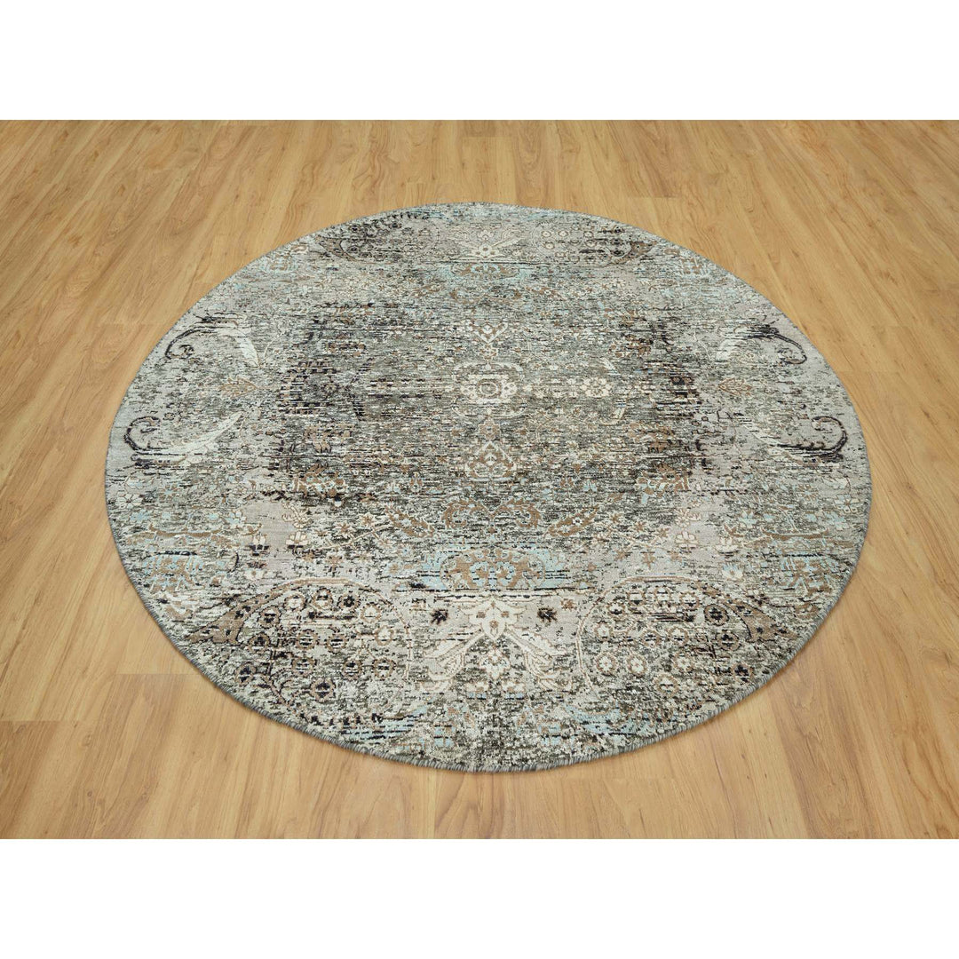 5'11" x 5'11" New Hand Knotted Grey Wool & Silk Round Oriental Rug - MOA10290686