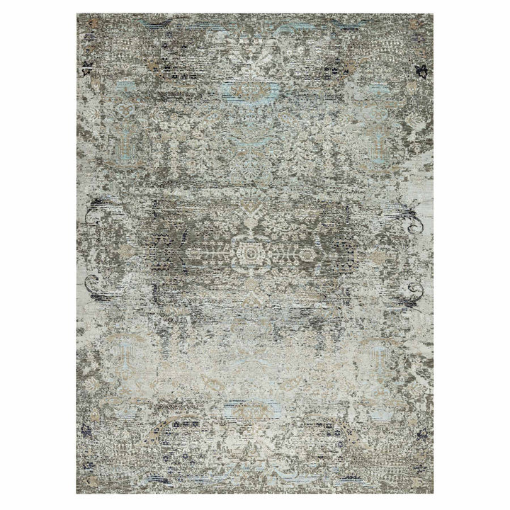 9'1" x 12'2" New Hand Knotted Grey Wool & Silk Rectangle Oriental Rug - MOA10290698