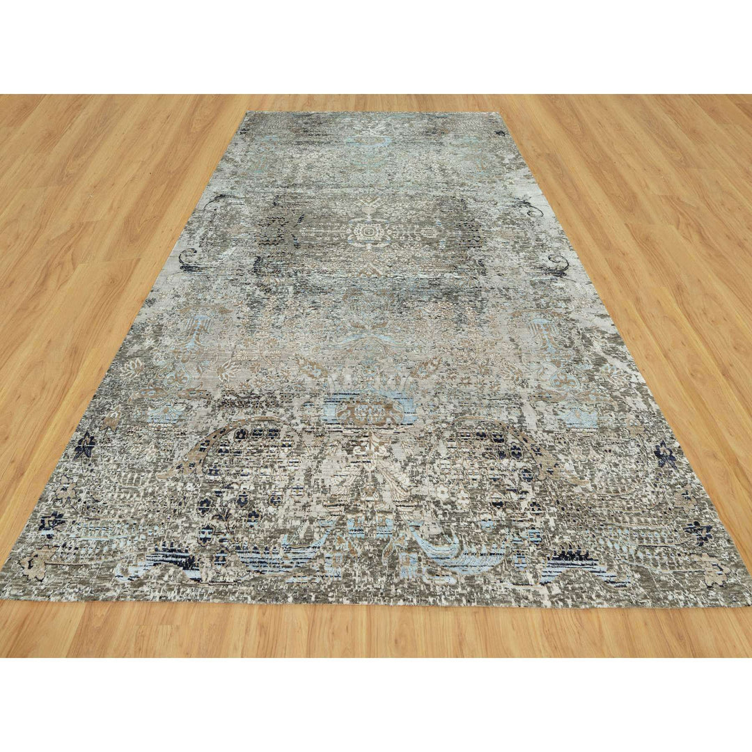 9'1" x 12'2" New Hand Knotted Grey Wool & Silk Rectangle Oriental Rug - MOA10290698