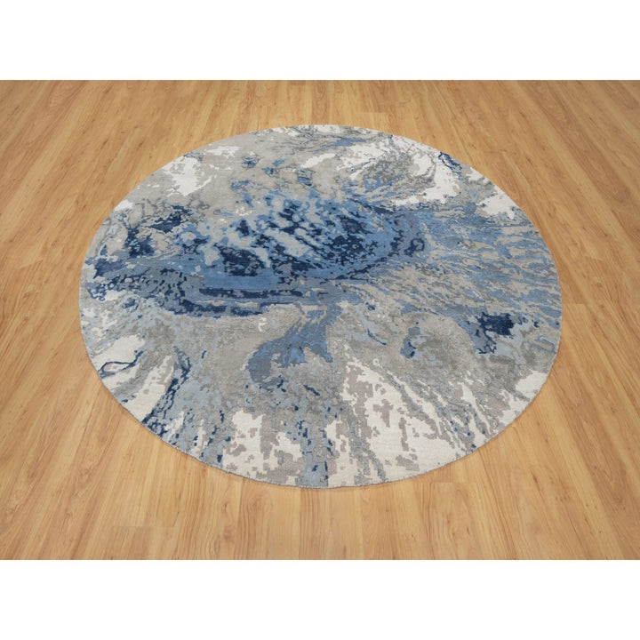 7'9" x 7'9" New Hand Knotted Blue Wool & Silk Round Oriental Rug - MOA10290801