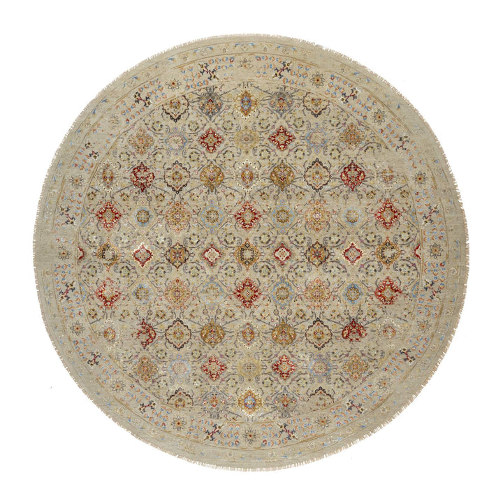 12'0" x 12'0" New Hand Knotted Beige Wool & Silk Round Oriental Rug - MOA10290813