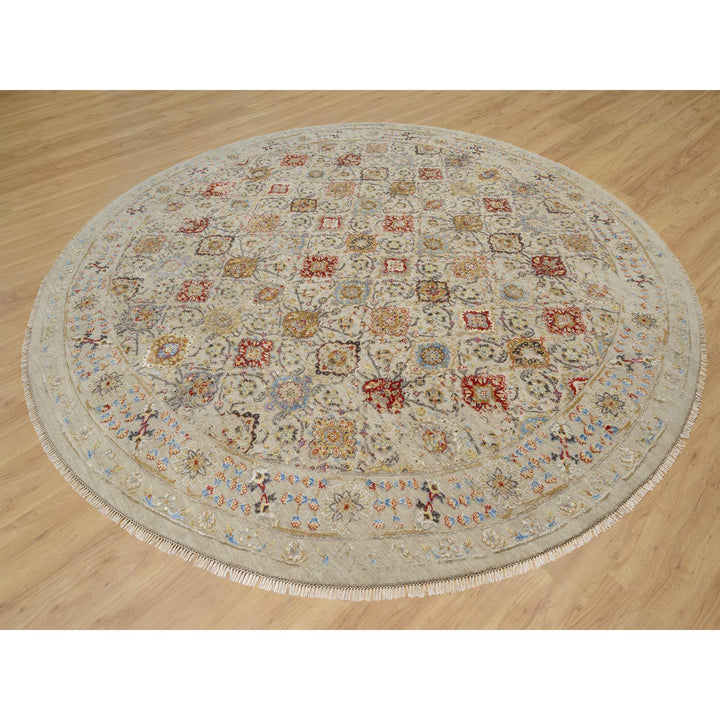 12'0" x 12'0" New Hand Knotted Beige Wool & Silk Round Oriental Rug - MOA10290813