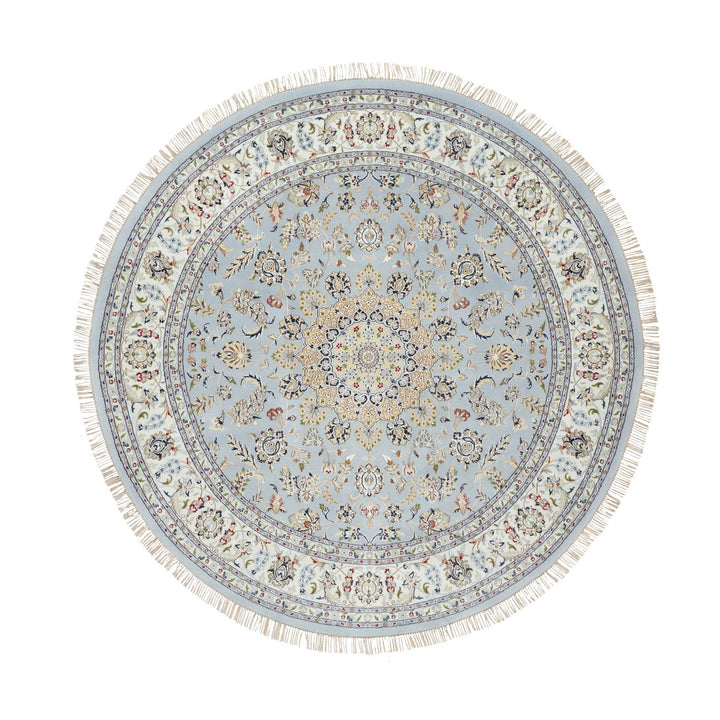 9'0" x 9'0" New Hand Knotted Blue Wool & Silk Round Oriental Rug - MOA10290867