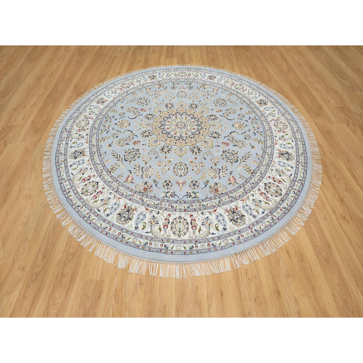 9'0" x 9'0" New Hand Knotted Blue Wool & Silk Round Oriental Rug - MOA10290867