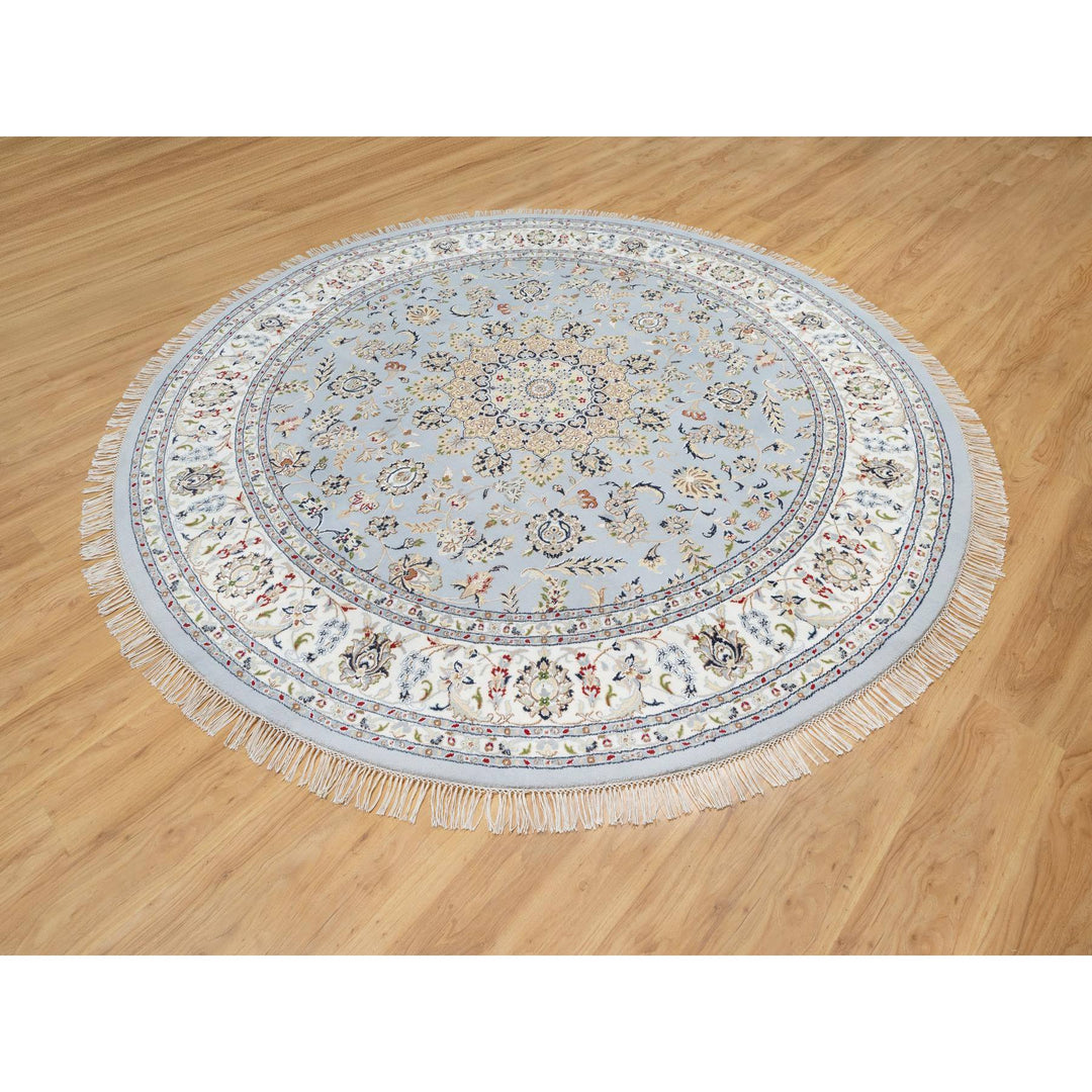 9'0" x 9'0" New Hand Knotted Blue Wool & Silk Round Oriental Rug - MOA10290867