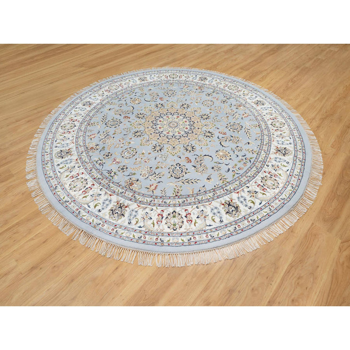 9'0" x 9'0" New Hand Knotted Blue Wool & Silk Round Oriental Rug - MOA10290867