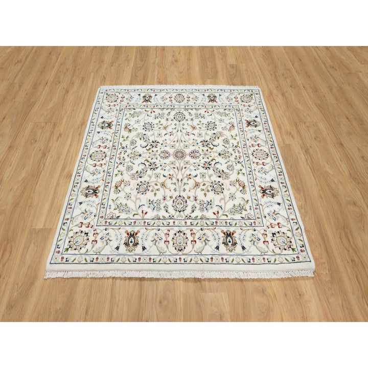 4'1" x 4'2" New Hand Knotted Ivory Wool & Silk Square Oriental Rug - MOA10290884