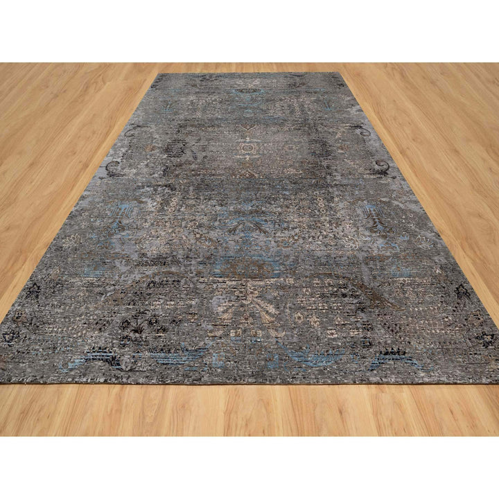 9'11" x 14'0" New Hand Knotted Grey Wool & Silk Rectangle Oriental Rug - MOA10290954