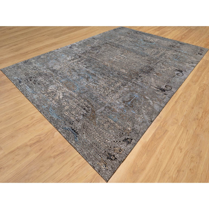 9'11" x 14'0" New Hand Knotted Grey Wool & Silk Rectangle Oriental Rug - MOA10290954