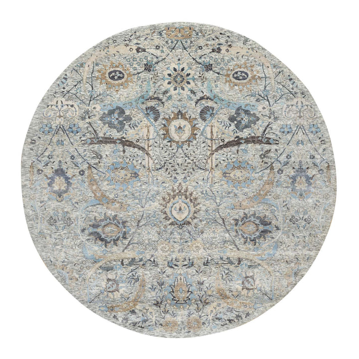 10'1" x 10'1" New Hand Knotted Ivory Wool & Silk Round Oriental Rug - MOA10290959