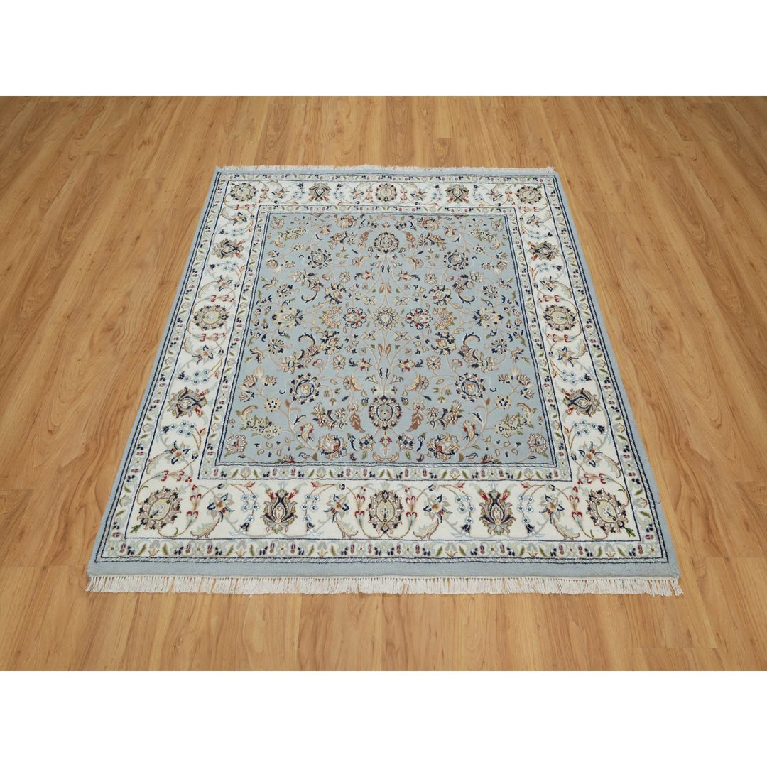 4'11" x 5'2" New Hand Knotted Blue Wool & Silk Square Oriental Rug - MOA10291007