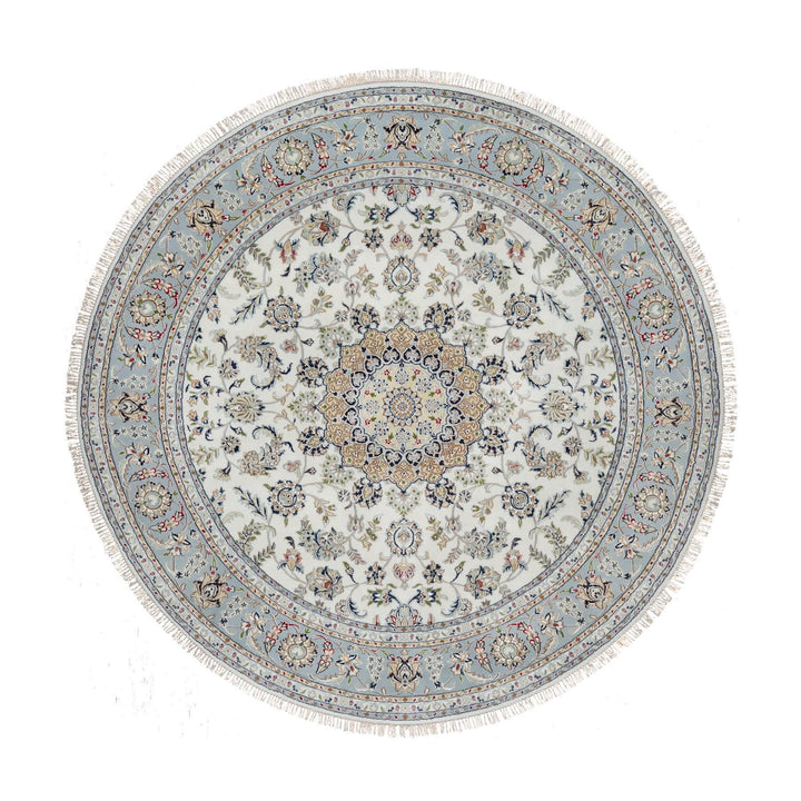 8'1" x 8'1" New Hand Knotted Ivory Wool & Silk Round Oriental Rug - MOA10291036