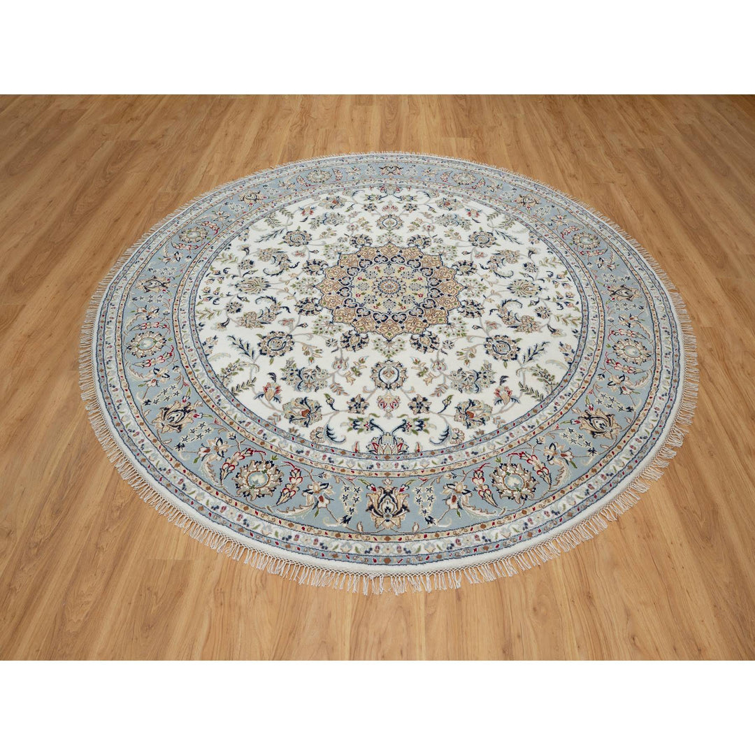 8'1" x 8'1" New Hand Knotted Ivory Wool & Silk Round Oriental Rug - MOA10291036