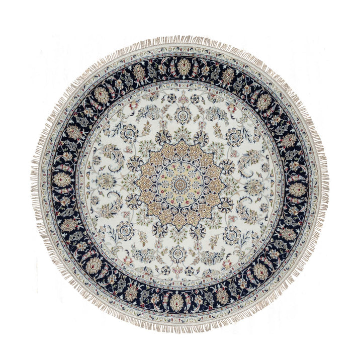 7'0" x 7'0" New Hand Knotted Ivory Wool & Silk Round Oriental Rug - MOA10291040