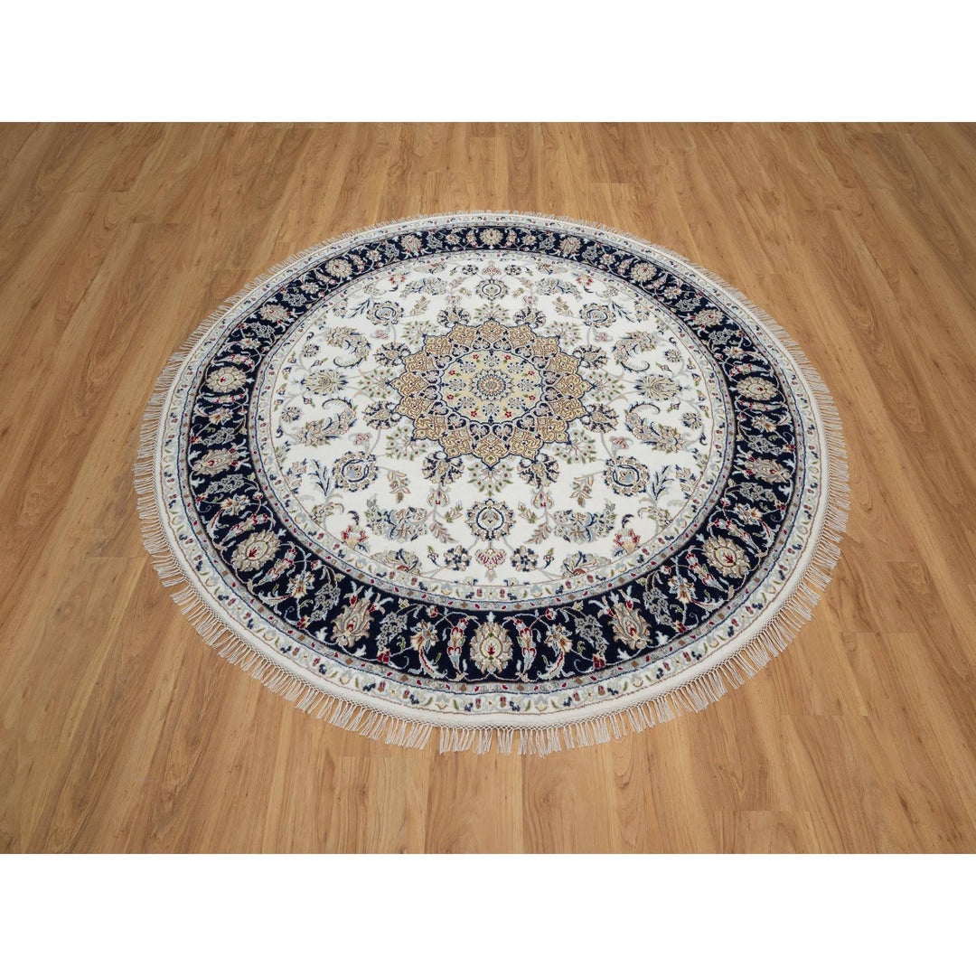 7'0" x 7'0" New Hand Knotted Ivory Wool & Silk Round Oriental Rug - MOA10291040