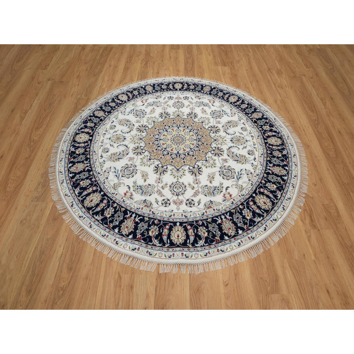 7'0" x 7'0" New Hand Knotted Ivory Wool & Silk Round Oriental Rug - MOA10291040