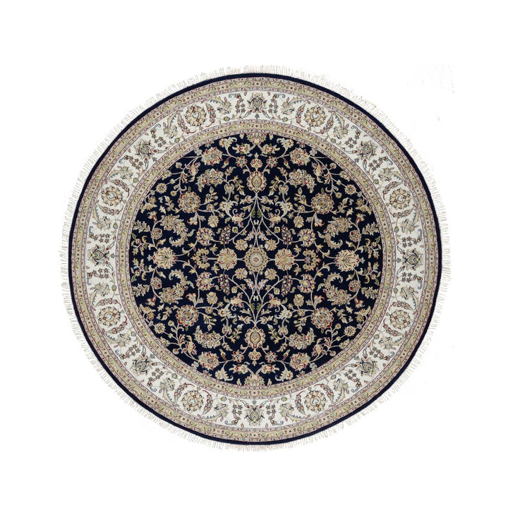 7'10" x 7'10" New Hand Knotted Blue Wool & Silk Round Oriental Rug - MOA10291045