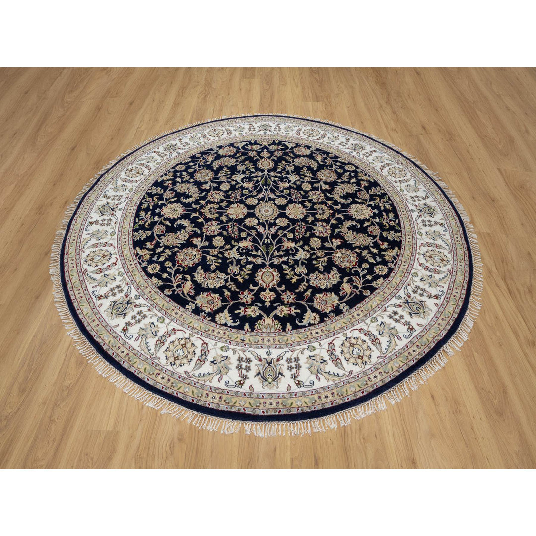 7'10" x 7'10" New Hand Knotted Blue Wool & Silk Round Oriental Rug - MOA10291045