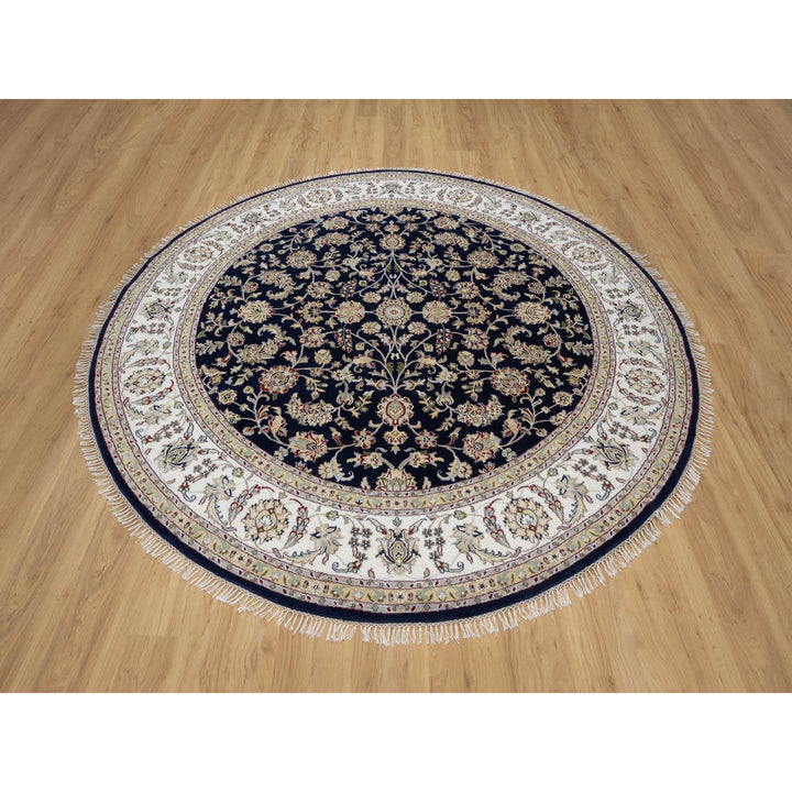 7'10" x 7'10" New Hand Knotted Blue Wool & Silk Round Oriental Rug - MOA10291045