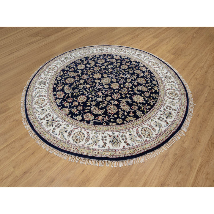 7'10" x 7'10" New Hand Knotted Blue Wool & Silk Round Oriental Rug - MOA10291045