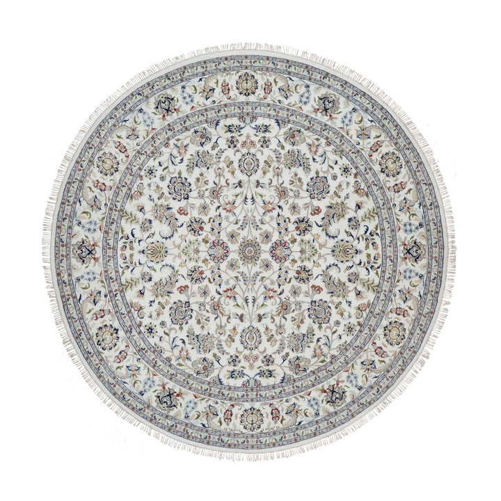 9'8" x 9'8" New Hand Knotted Ivory Wool & Silk Round Oriental Rug - MOA10291075