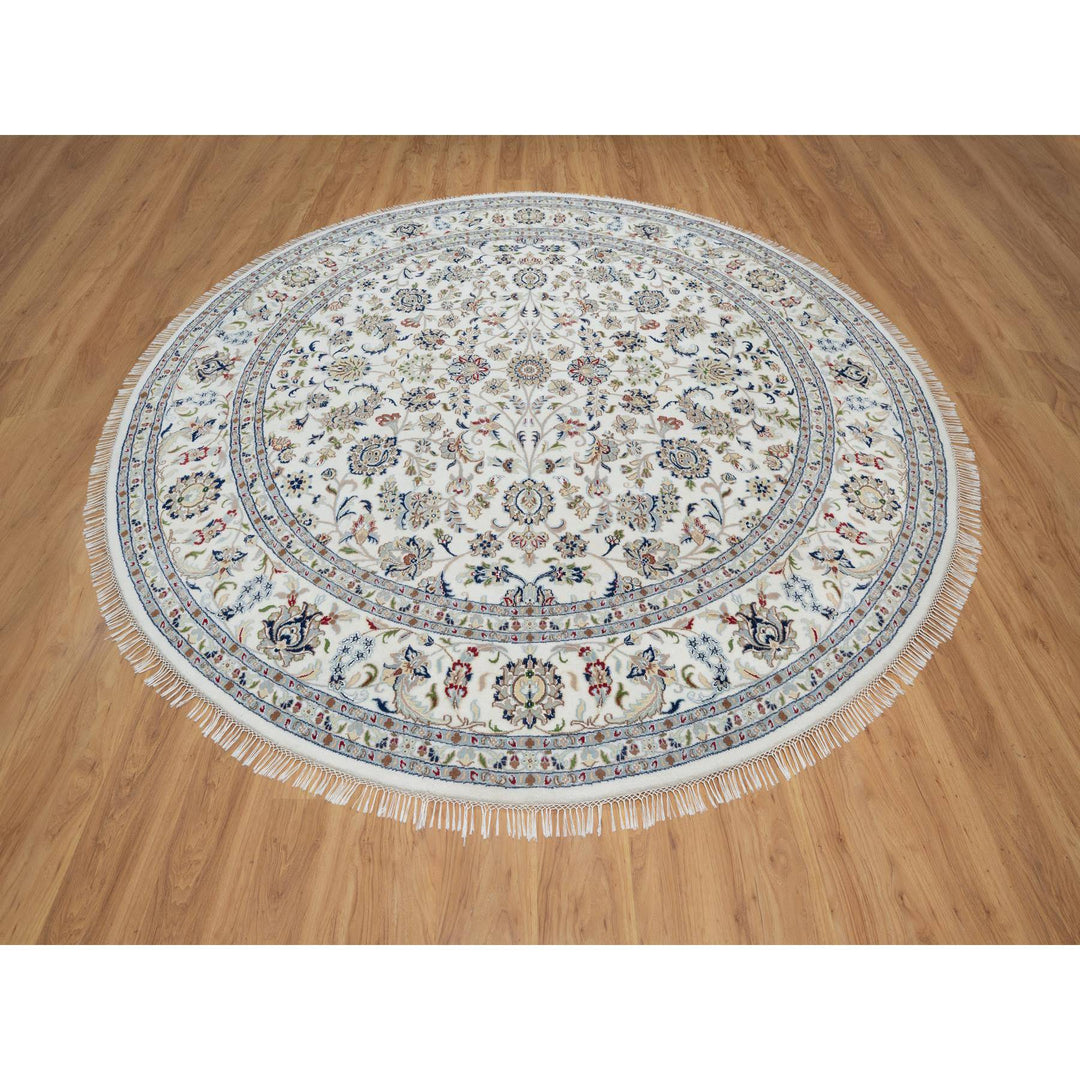 9'8" x 9'8" New Hand Knotted Ivory Wool & Silk Round Oriental Rug - MOA10291075