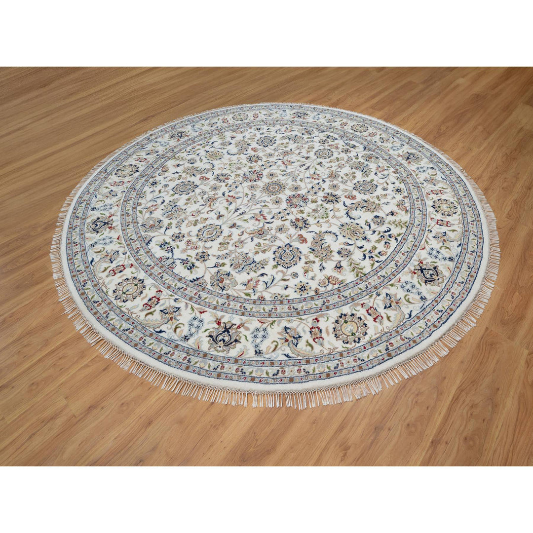 9'8" x 9'8" New Hand Knotted Ivory Wool & Silk Round Oriental Rug - MOA10291075