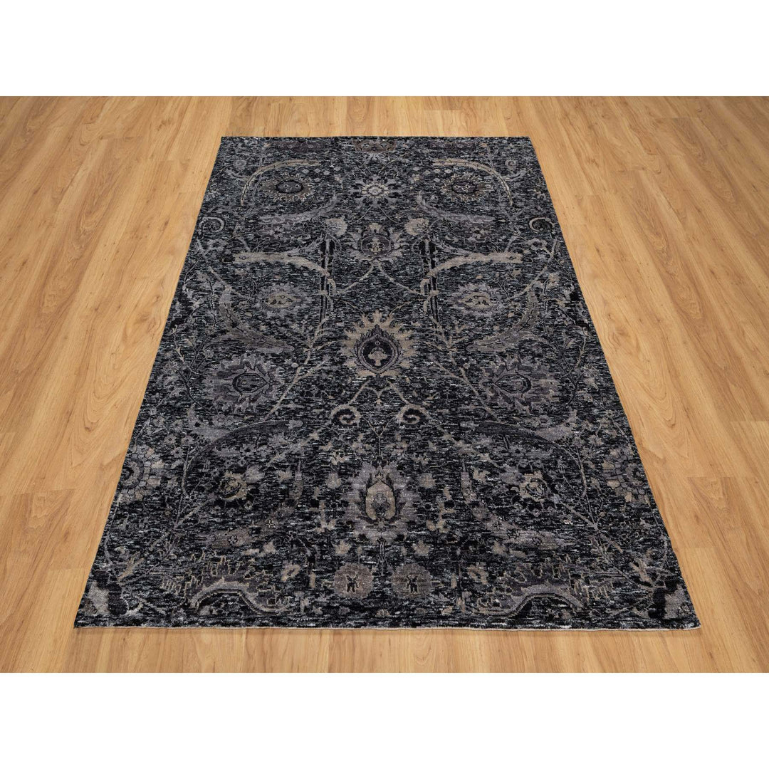 4'10" x 6'11" New Hand Knotted Black Wool & Silk Rectangle Oriental Rug - MOA10291135