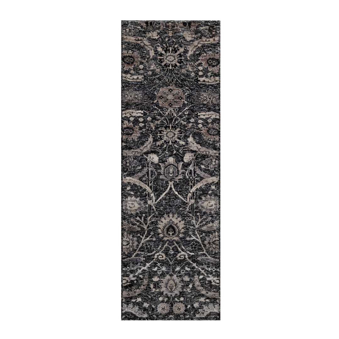 2'6" x 7'11" New Hand Knotted Black Wool & Silk Runner Oriental Rug - MOA10291149