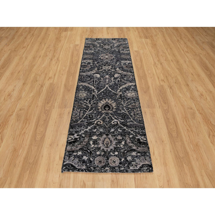 2'6" x 7'11" New Hand Knotted Black Wool & Silk Runner Oriental Rug - MOA10291149