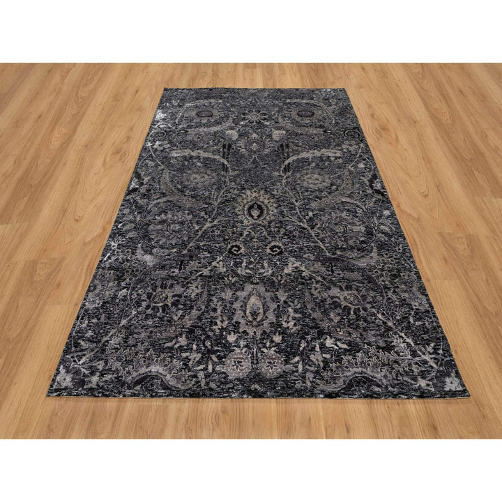 6'0" x 8'10" New Hand Knotted Black Wool & Silk Rectangle Oriental Rug - MOA10291161