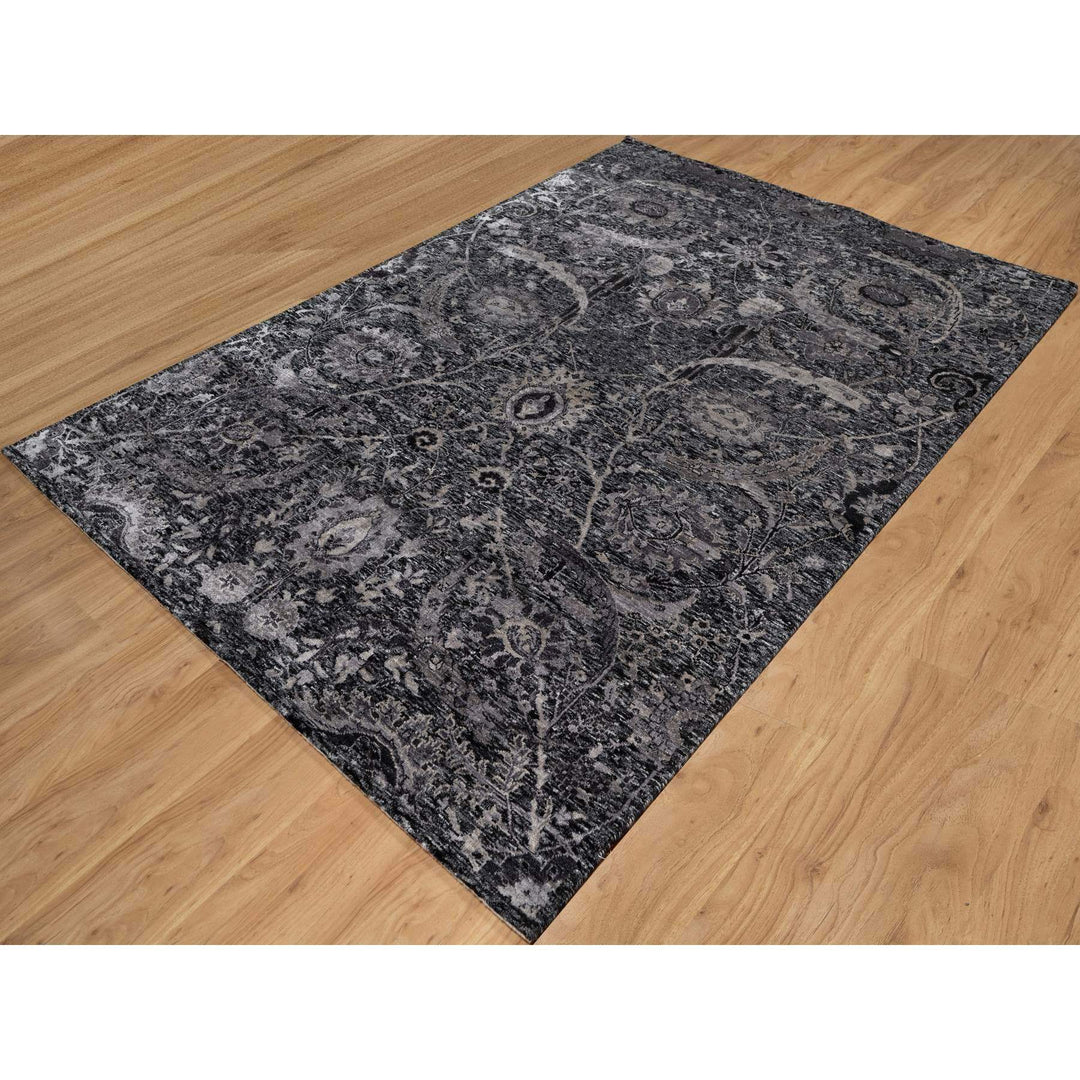 6'0" x 8'10" New Hand Knotted Black Wool & Silk Rectangle Oriental Rug - MOA10291161