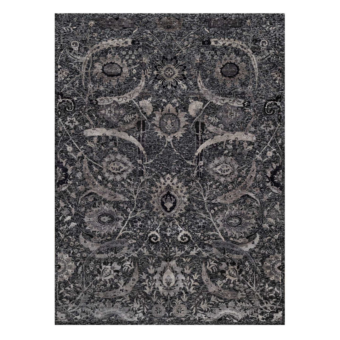 8'8" x 11'10" New Hand Knotted Black Wool & Silk Rectangle Oriental Rug - MOA10291167