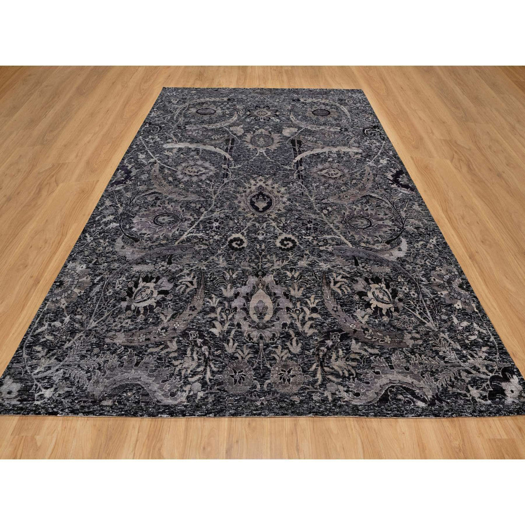 8'8" x 11'10" New Hand Knotted Black Wool & Silk Rectangle Oriental Rug - MOA10291167