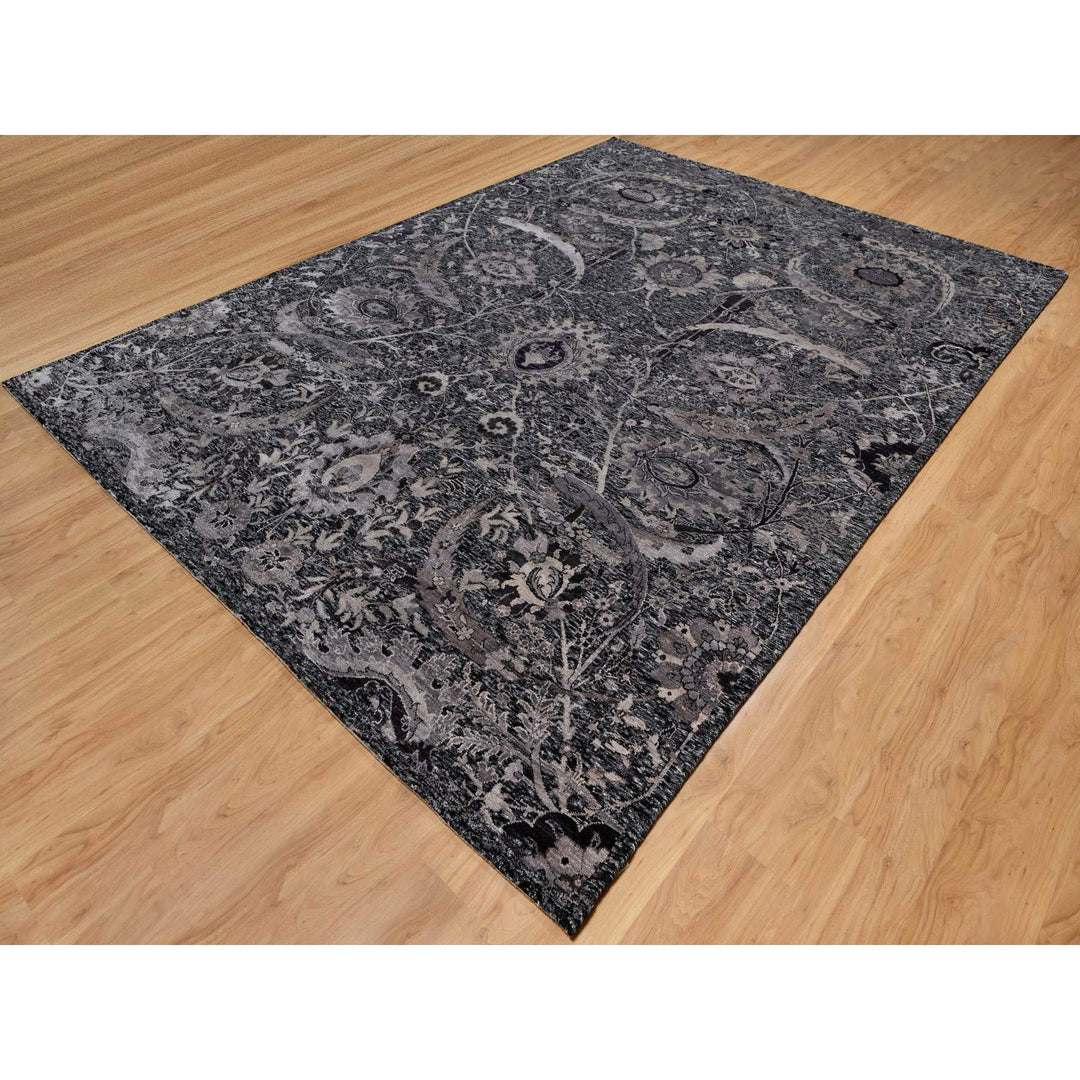 8'8" x 11'10" New Hand Knotted Black Wool & Silk Rectangle Oriental Rug - MOA10291167