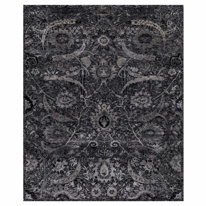 8'1" x 9'11" New Hand Knotted Black Wool & Silk Rectangle Oriental Rug - MOA10291169