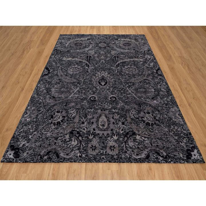 8'1" x 9'11" New Hand Knotted Black Wool & Silk Rectangle Oriental Rug - MOA10291169