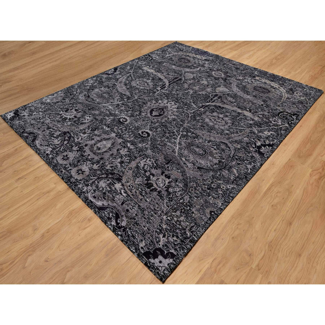 8'1" x 9'11" New Hand Knotted Black Wool & Silk Rectangle Oriental Rug - MOA10291169