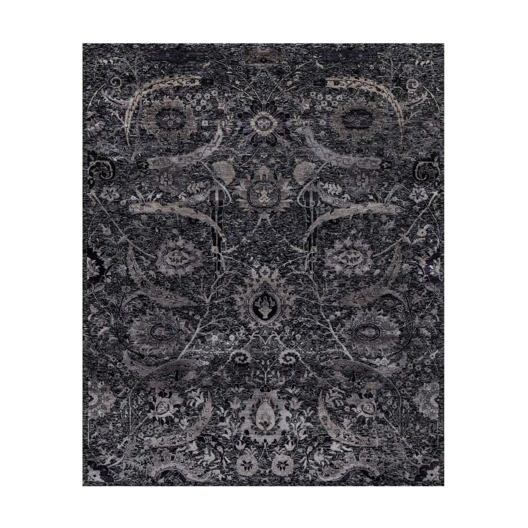 7'11" x 9'11" New Hand Knotted Black Wool & Silk Rectangle Oriental Rug - MOA10291170