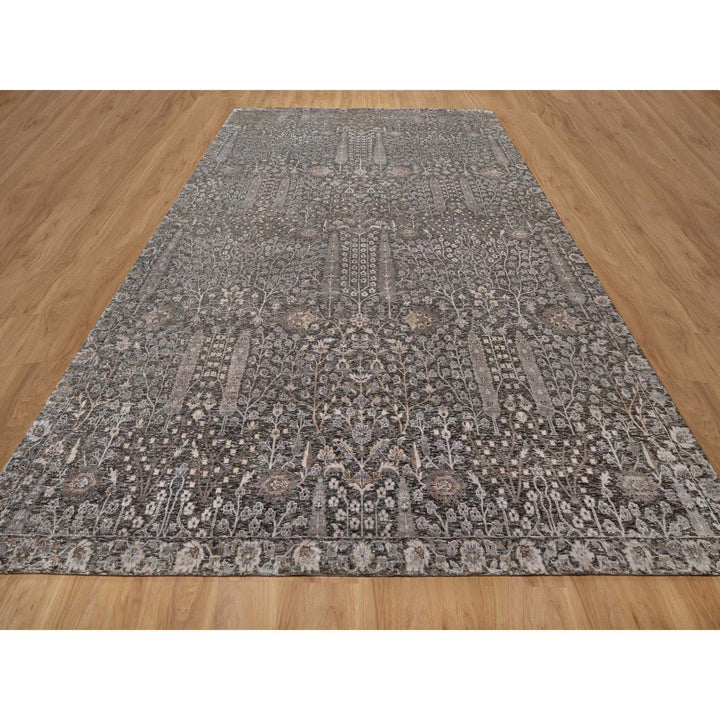 9'9" x 14'2" New Hand Knotted Grey Wool & Silk Rectangle Oriental Rug - MOA10291171