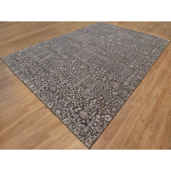 9'9" x 14'2" New Hand Knotted Grey Wool & Silk Rectangle Oriental Rug - MOA10291171