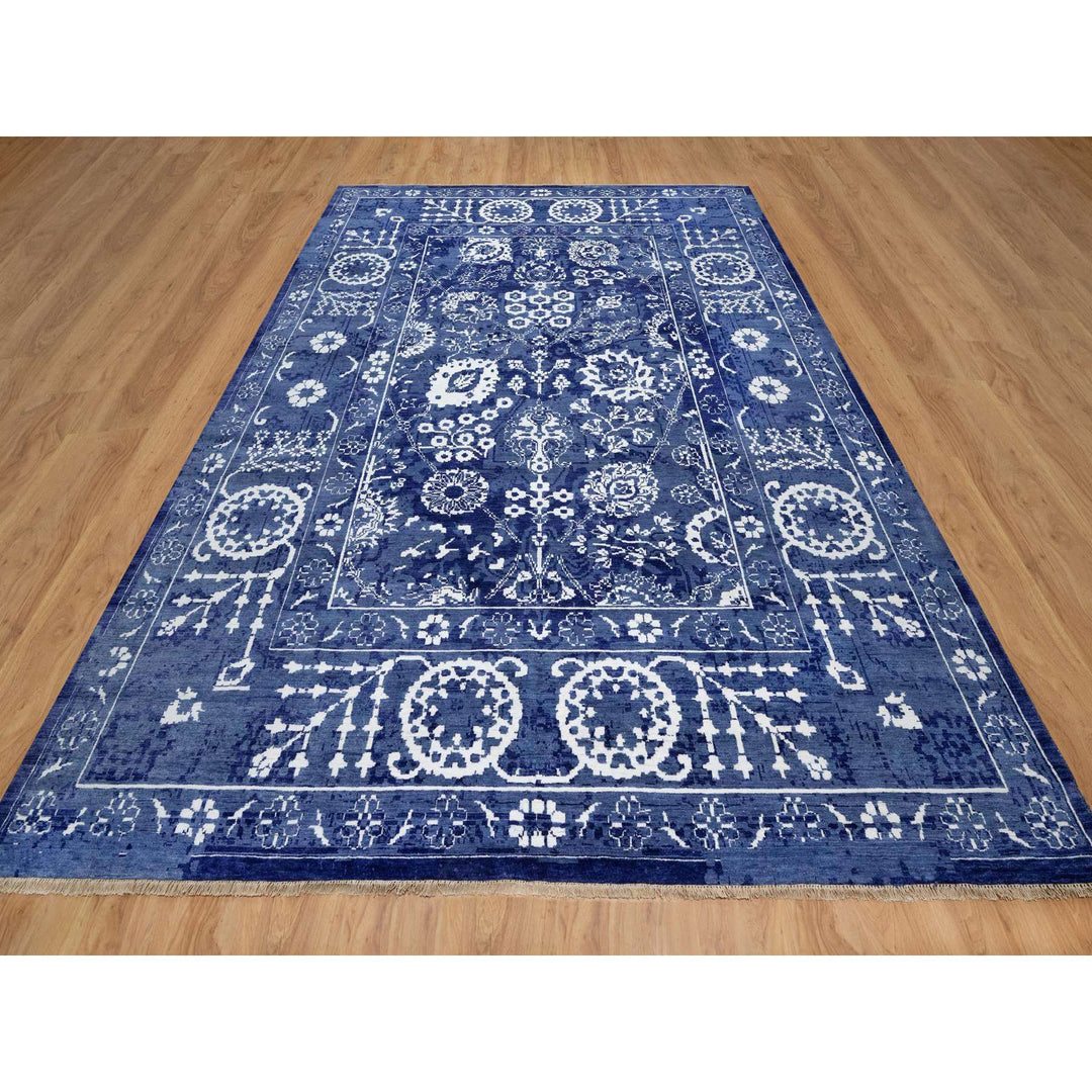 9'0" x 12'0" New Hand Knotted Blue Wool & Silk Rectangle Oriental Rug - MOA10291222