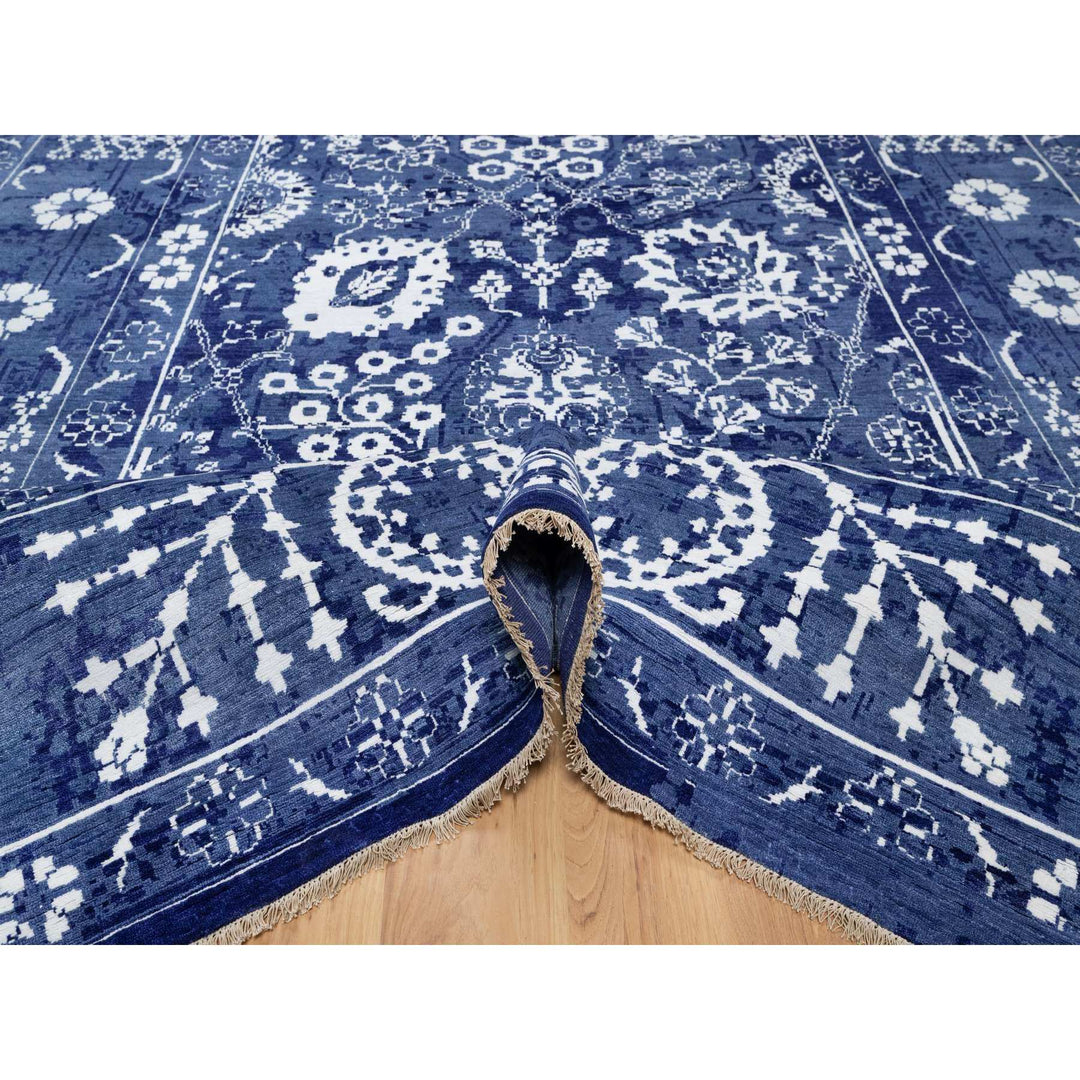 9'0" x 12'0" New Hand Knotted Blue Wool & Silk Rectangle Oriental Rug - MOA10291222