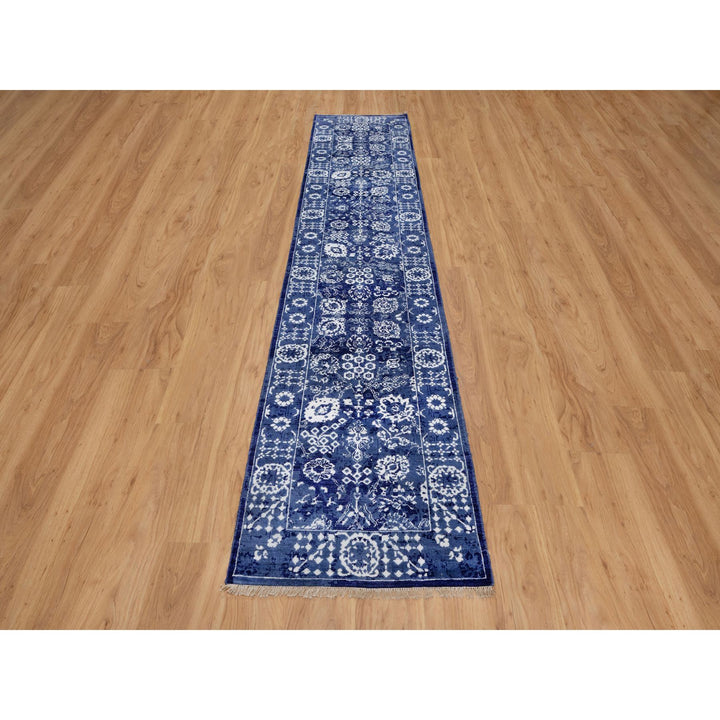 2'7" x 11'10" New Hand Knotted Blue Wool & Silk Runner Oriental Rug - MOA10291223