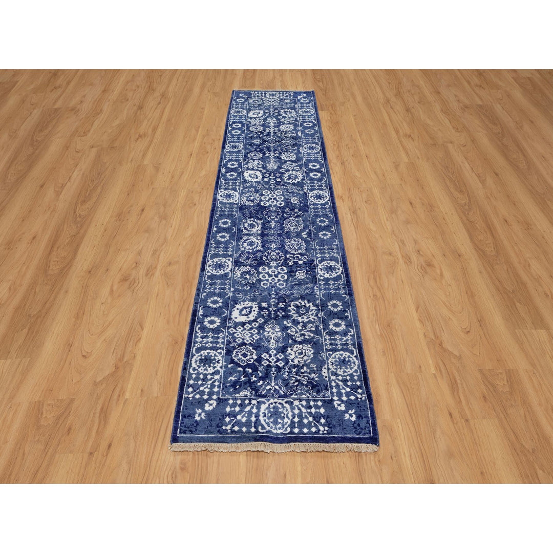 2'7" x 10'0" New Hand Knotted Blue Wool & Silk Runner Oriental Rug - MOA10291224