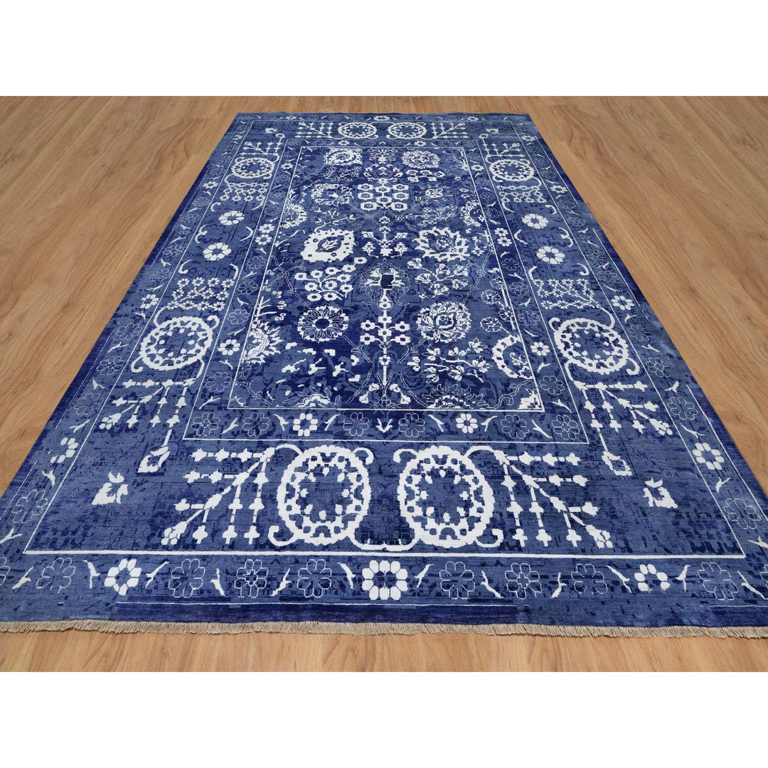 9'10" x 14'0" New Hand Knotted Blue Wool & Silk Rectangle Oriental Rug - MOA10291227