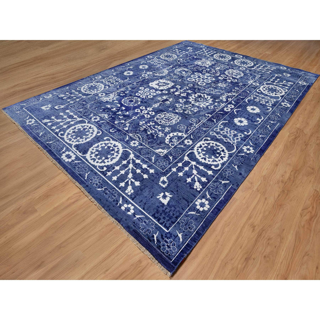 9'10" x 14'0" New Hand Knotted Blue Wool & Silk Rectangle Oriental Rug - MOA10291227