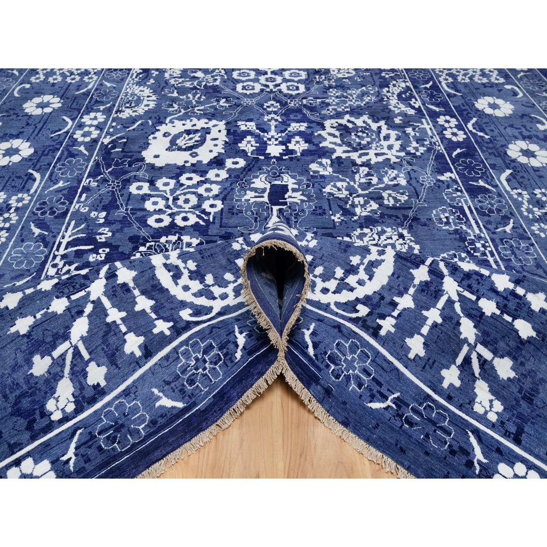 9'10" x 14'0" New Hand Knotted Blue Wool & Silk Rectangle Oriental Rug - MOA10291227