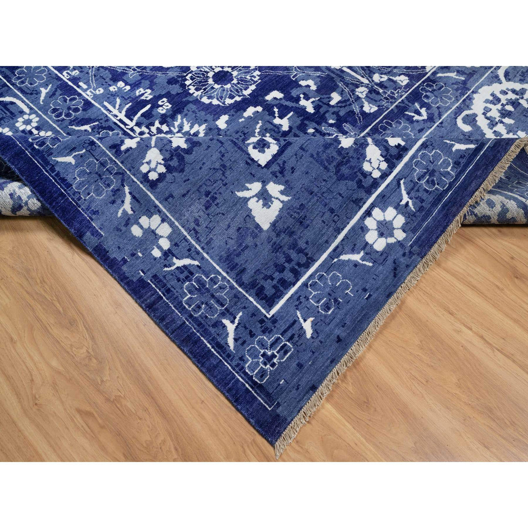 9'10" x 14'0" New Hand Knotted Blue Wool & Silk Rectangle Oriental Rug - MOA10291227