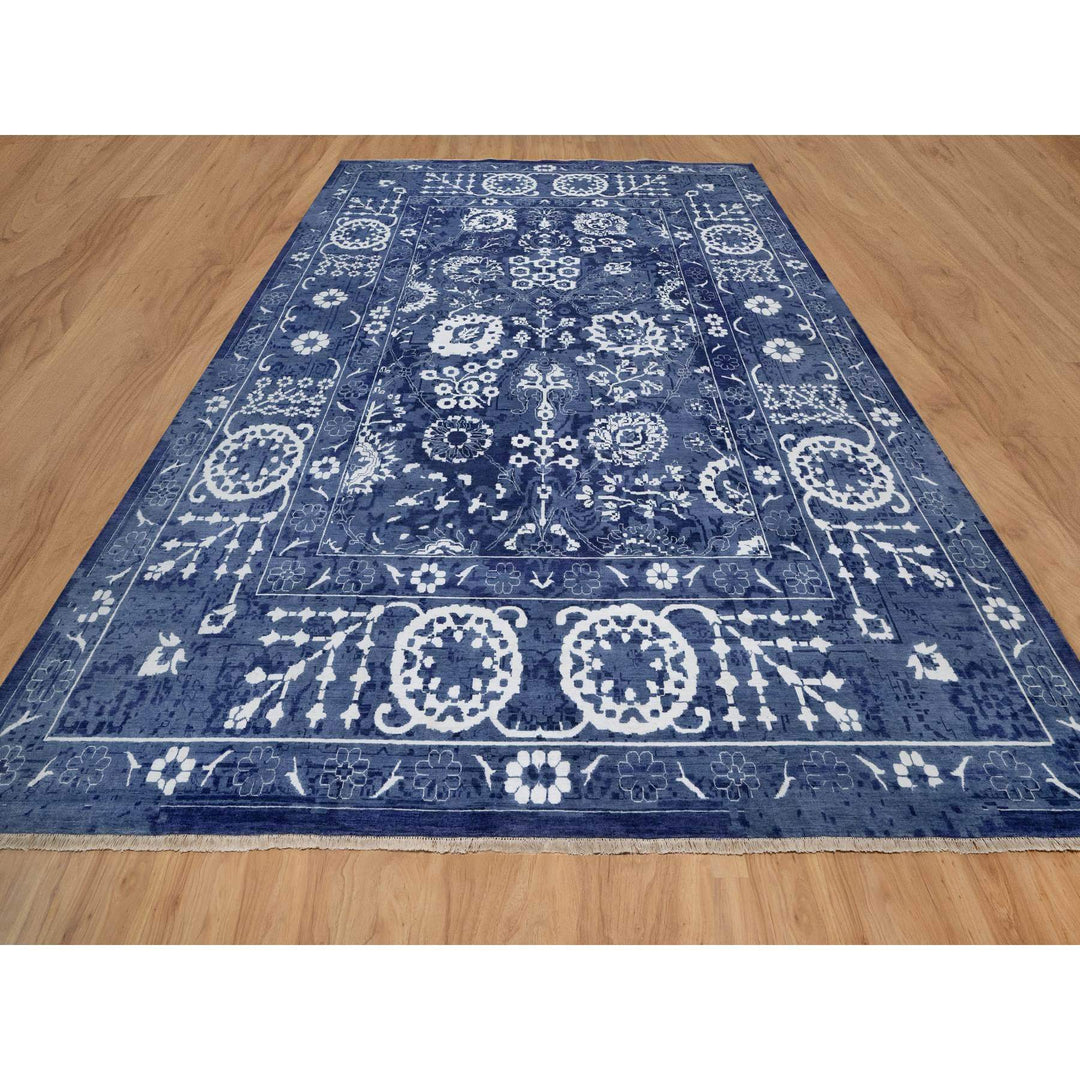 11'9" x 15'0" New Hand Knotted Blue Wool & Silk Rectangle Oriental Rug - MOA10291265